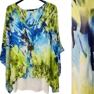 Madison Paige II Sheer Top Beige Tank Womens 3X Blue Green  Stones Lagenlook